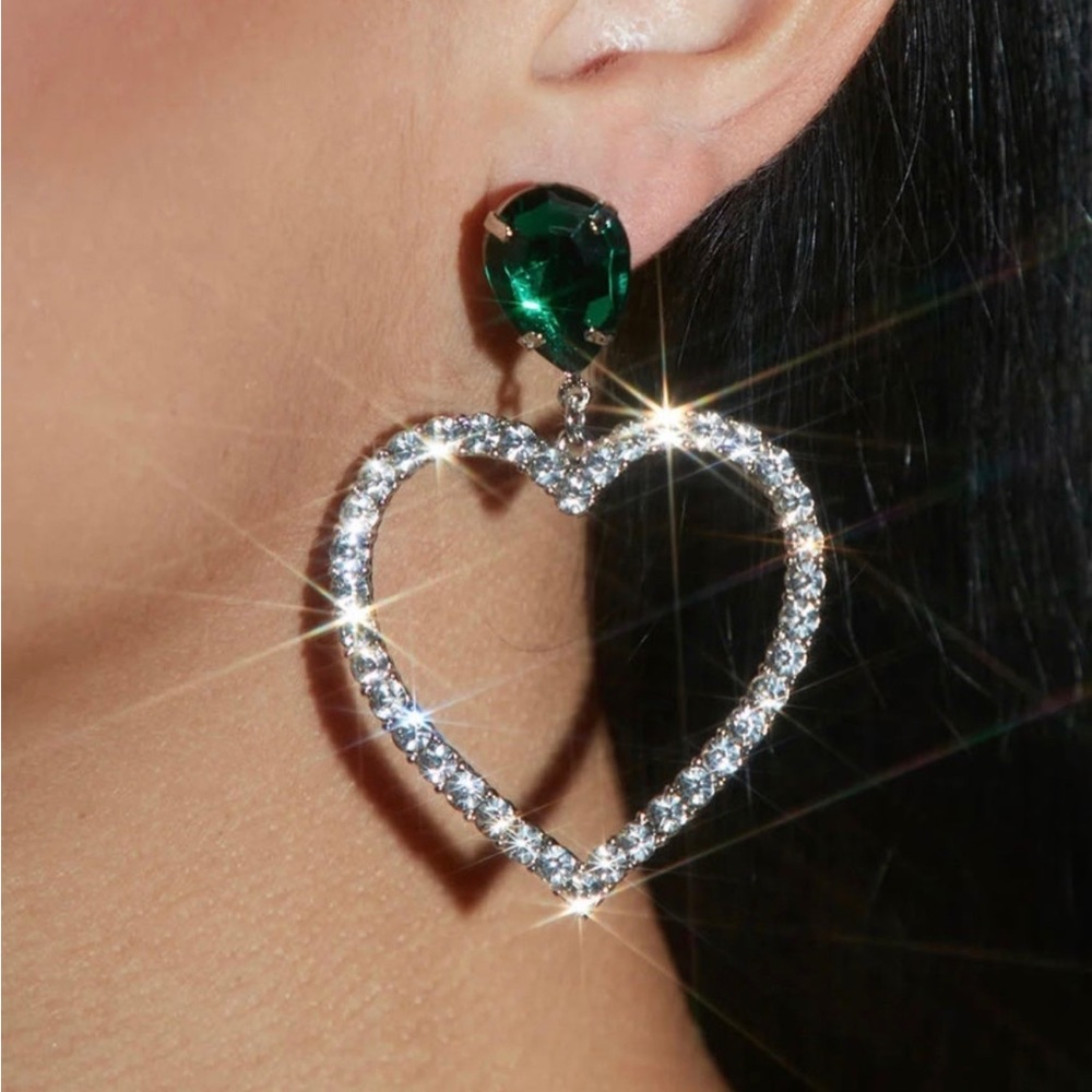 Green Rhinestone Heart Drop Earrings